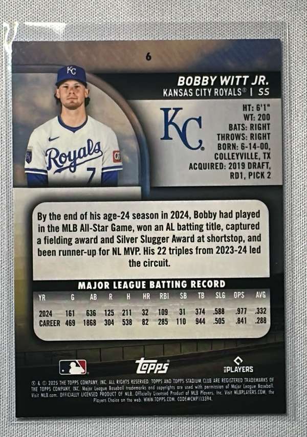 2025 Stadium Club - Light Blue Foil #6 Bobby Witt Jr. Near Mint
